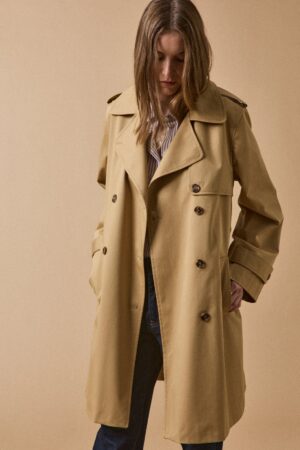 Women's long organic cotton trench coat with notched lapels
