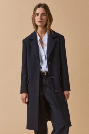 Women's long plain woolen coat with notched lapels