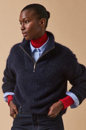 Women's wool and mohair sweater with high zip neckline